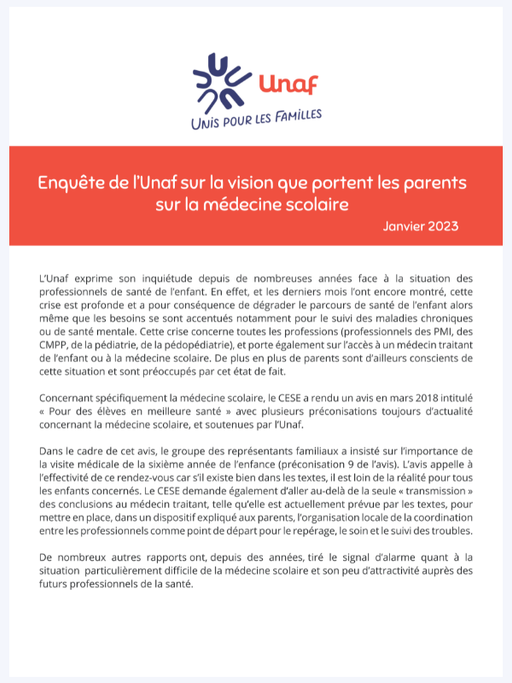 Enquête Unaf médecine scolaire