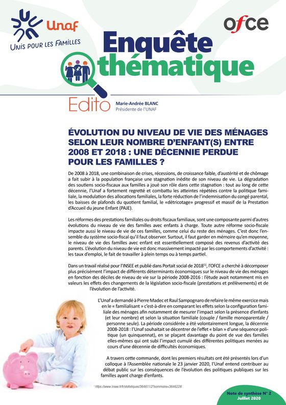 Evolution du niveau de vie des ménages selon le nombre d'enfants entre 2008-2018